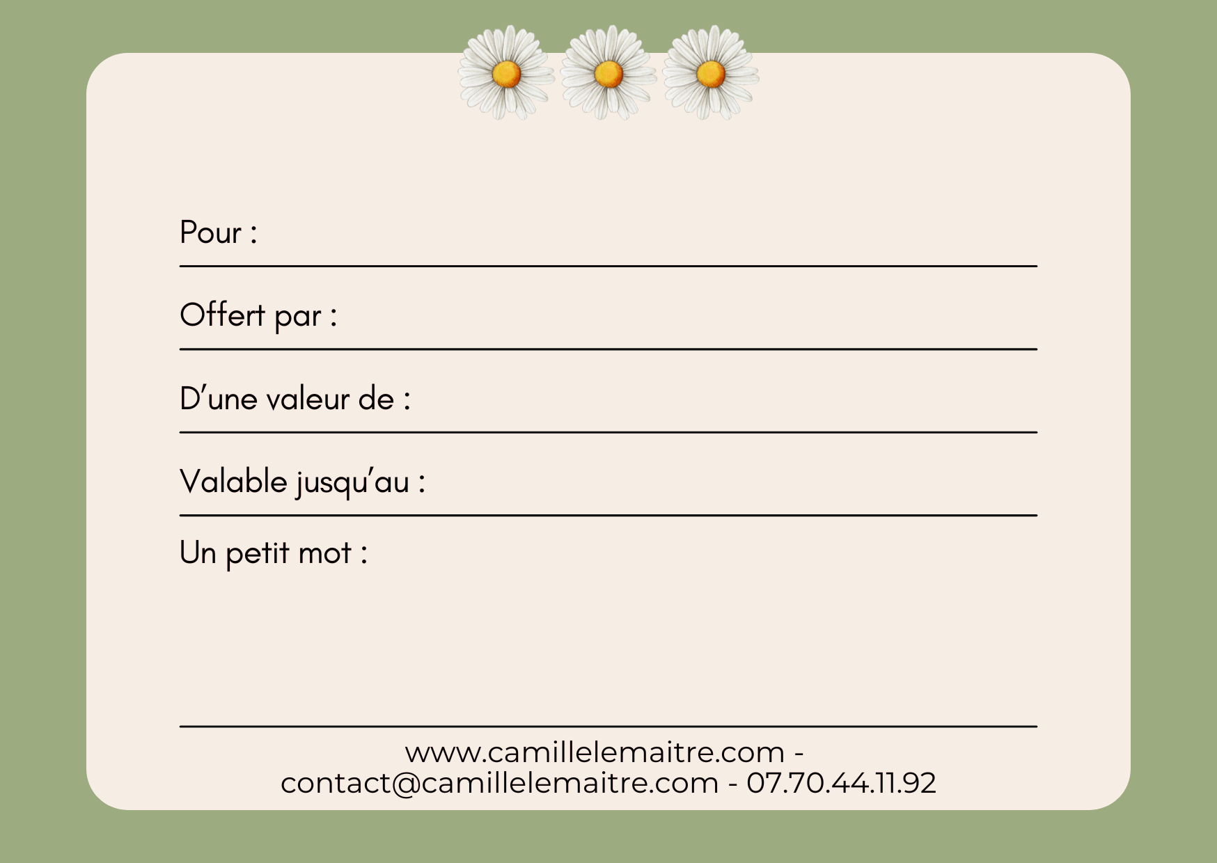 Verso montant de la carte cadeau