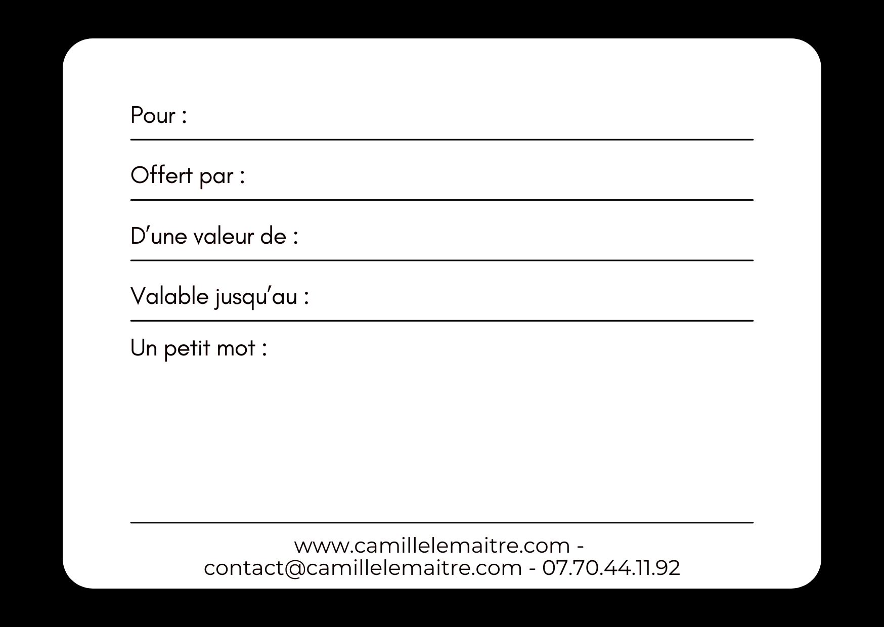 Verso montant de la carte cadeau