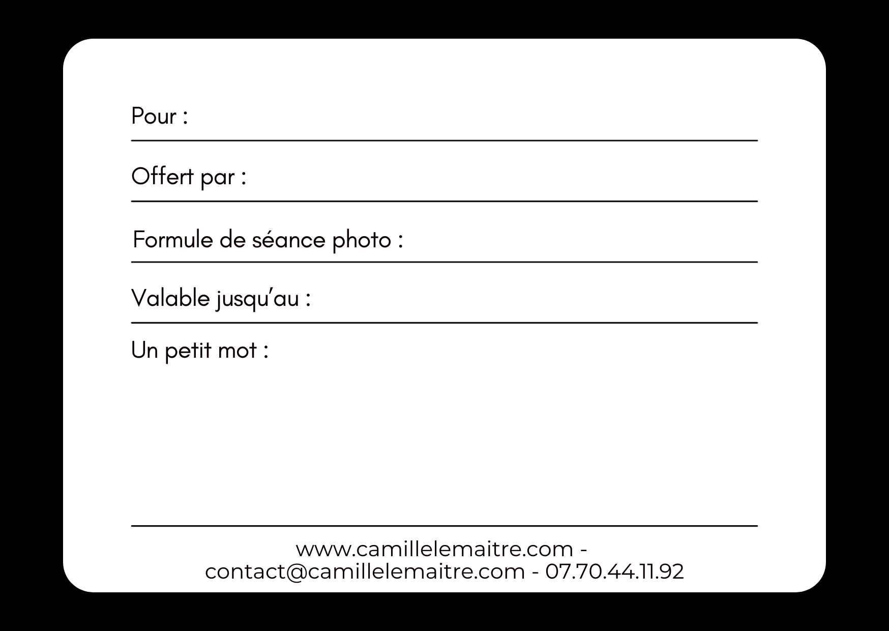 Verso formule de la carte cadeau