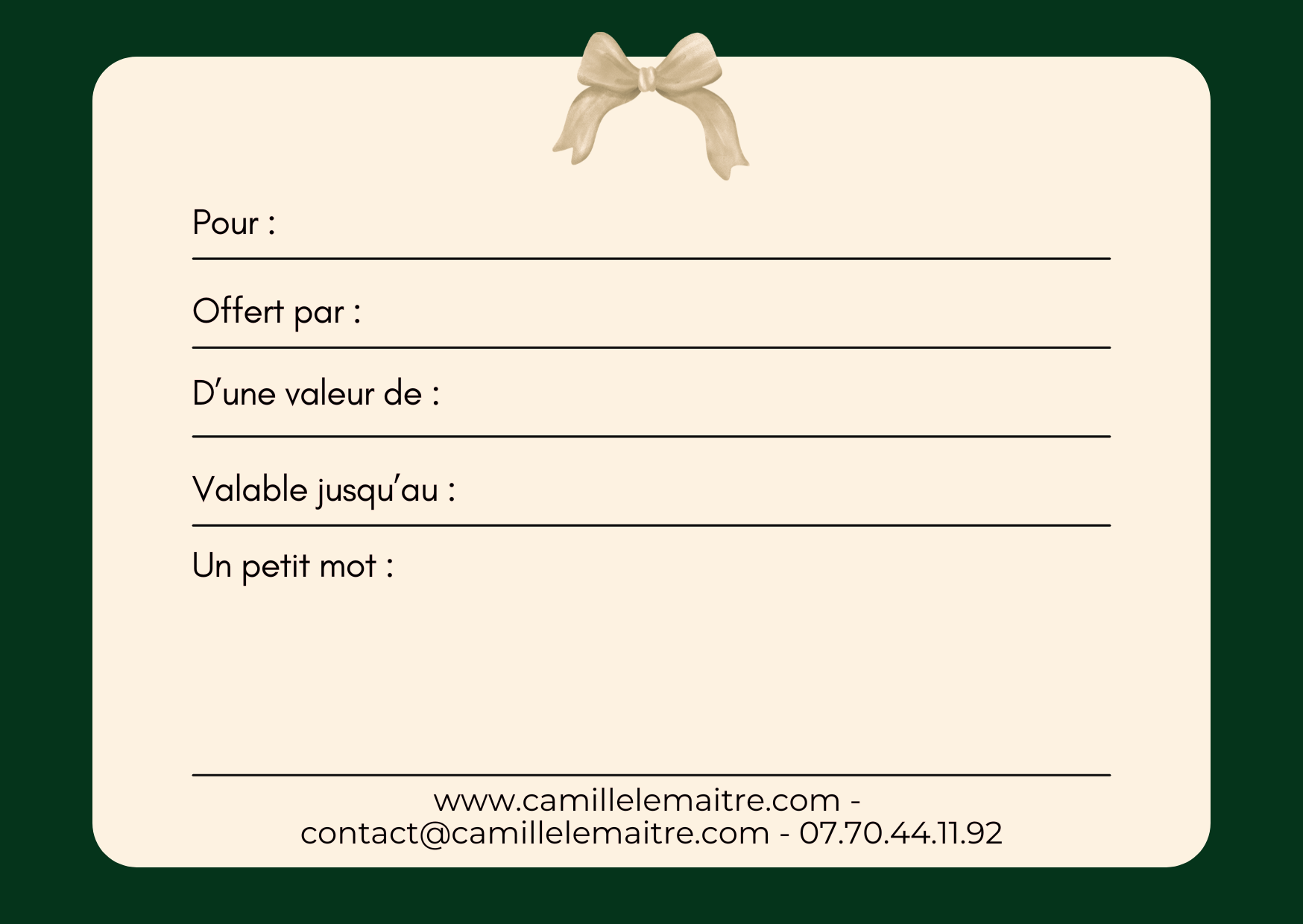 Verso montant de la carte cadeau