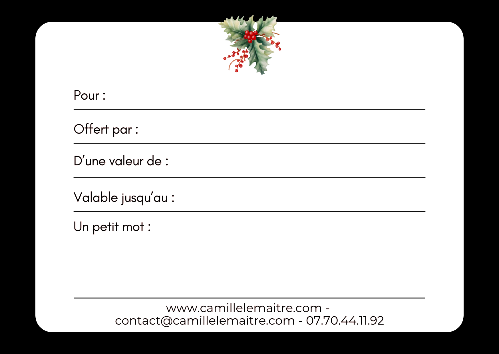 Verso montant de la carte cadeau