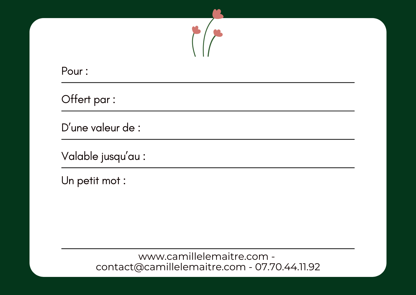 Verso montant de la carte cadeau